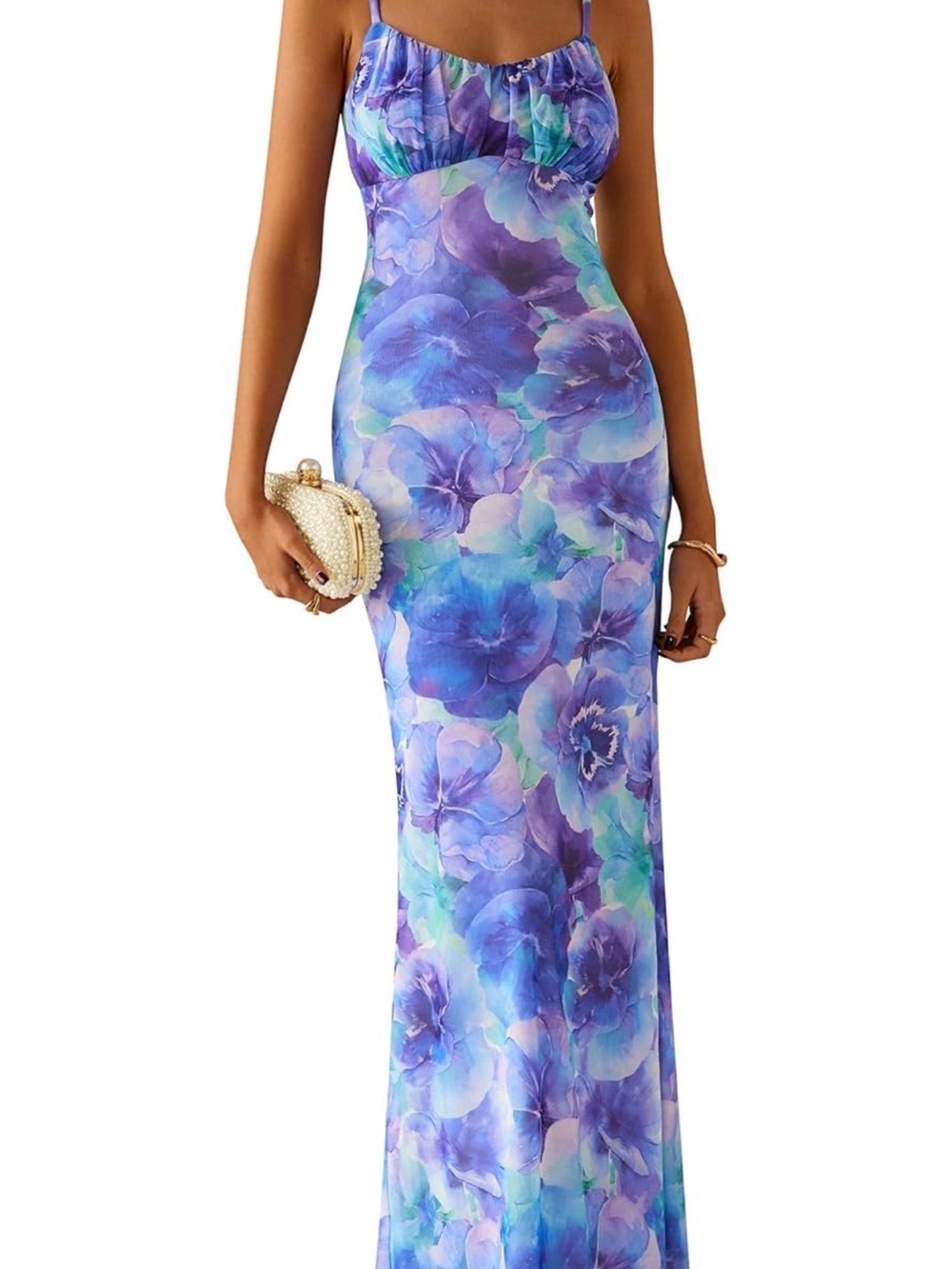 Floral Purple Blue Maxi Slip Dress - Sleeveless Spaghetti Strap